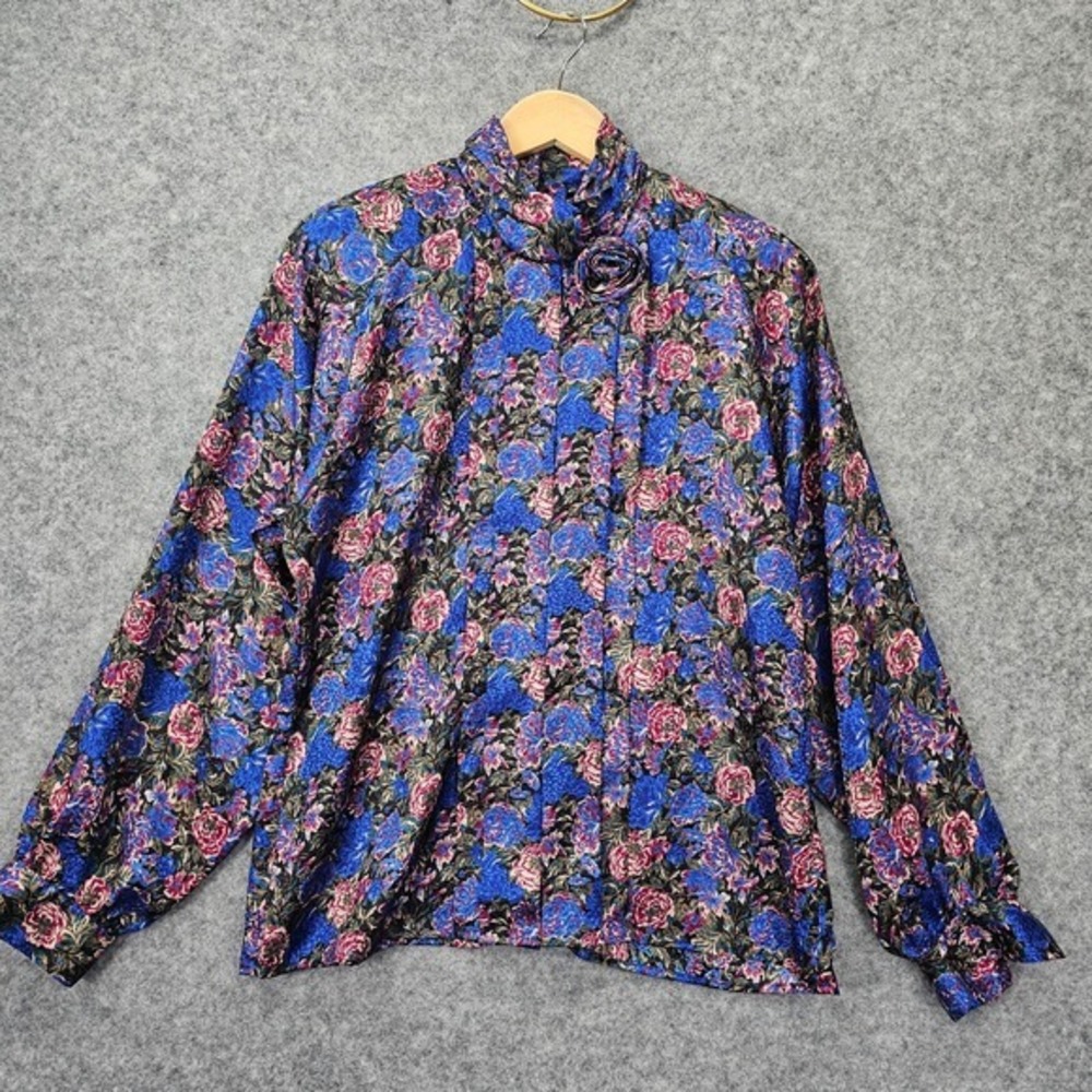 Vintage 80s Secretary Blouse Womens L Blue Cottagecore Boho Floral ERENA‎ 20x25